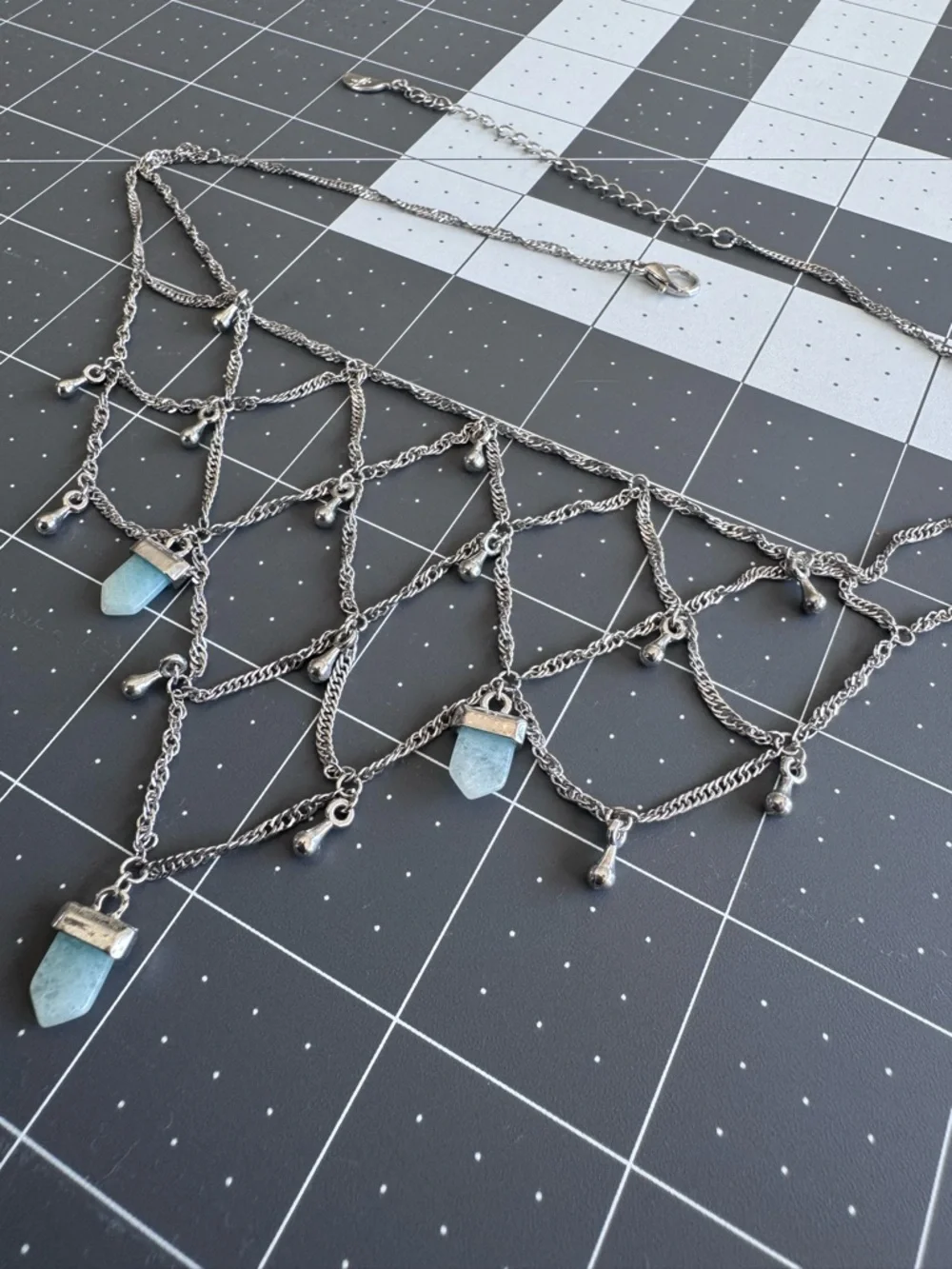 Vintage Free People Y2K Silver Chain Body Necklace with Aqua Crystal Pendants - Picture 2 of 8